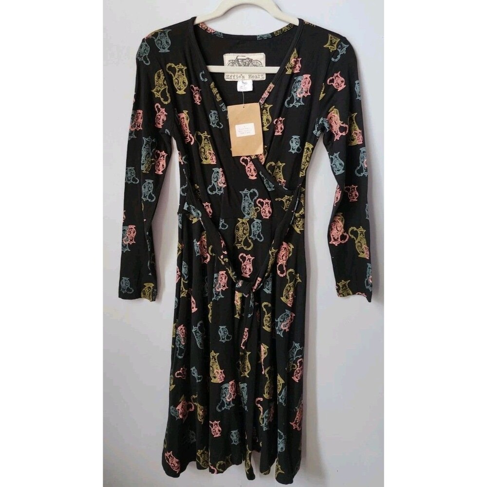 New Effie's Heart Dress Sz S Black Owl Print 3/4 Sleeve Fit Flare Pockets Belted
